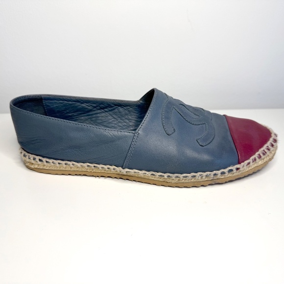 CHANEL CC Blue Red Lambskin Leather Espadrilles Flats Loafers EU 38 fit US 7 - Picture 5 of 14